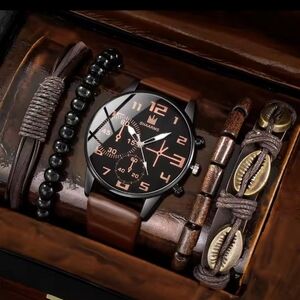 Men's Watch‎ Bracelet Set Leather Layered Brown NEW f49